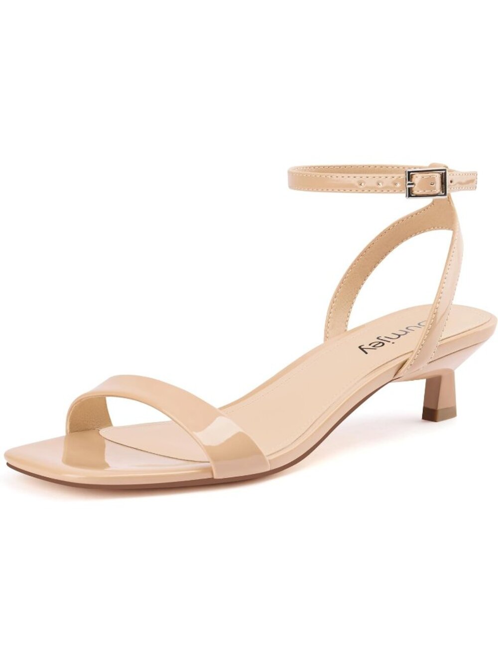 Women's Shiny Nude Faux Leather Square Open Toe Ankle Strap Kitten Heel Sandals